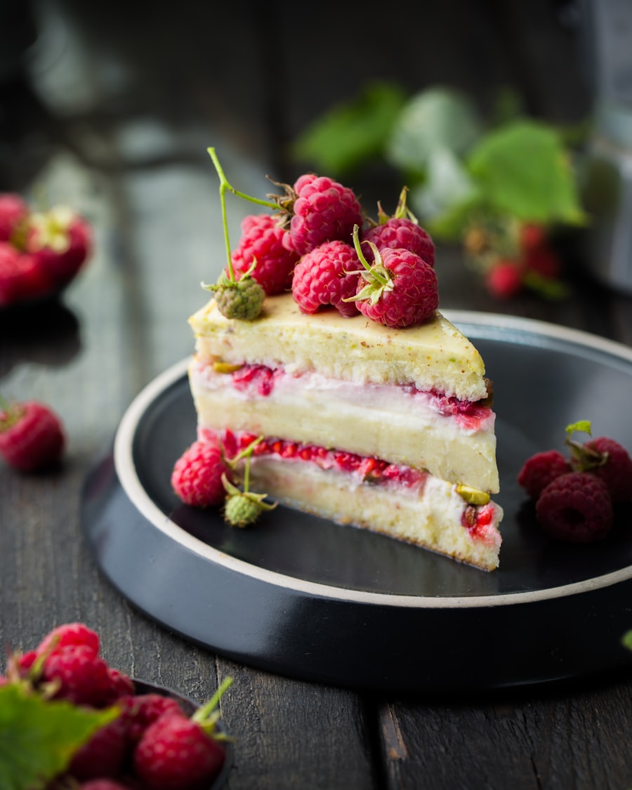 Layered raspberry cake slice